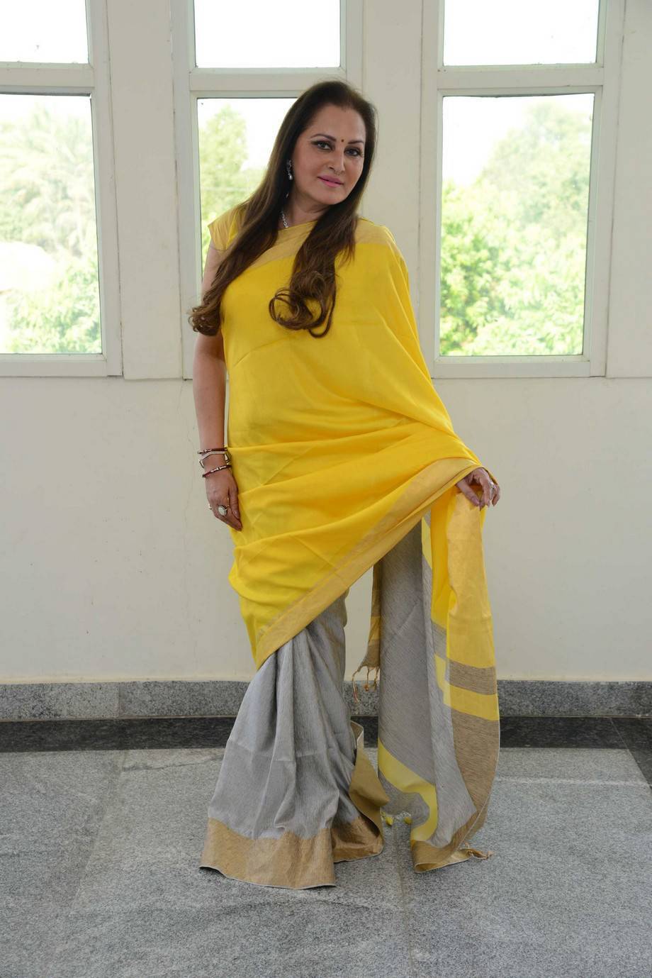 Jaya Prada Latest Cute Photos In Colorful Yellow Saree