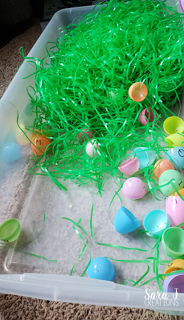 Alphabet match sensory bin is a simple spring bin for preschool or kindergarten that focuses on matching upper and lowercase letters.