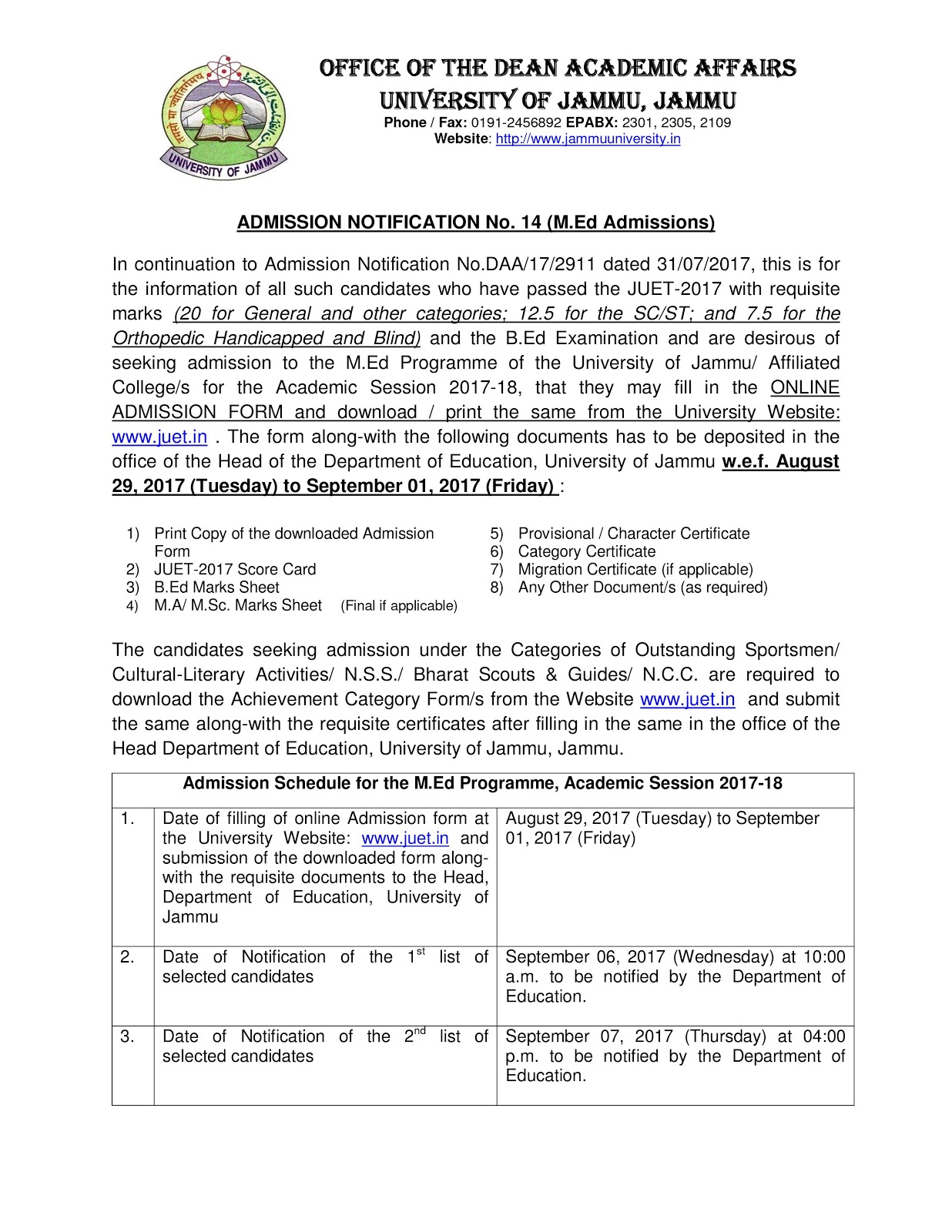 Admission Notification No. 14 regarding M.Ed Admissions, Jammu