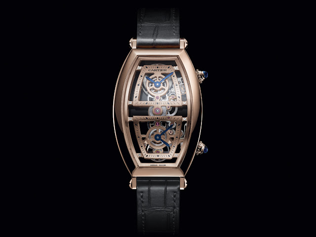 Cartier Privé Collection, Tonneau watches 2019. Skeleton dual time model in pink gold.