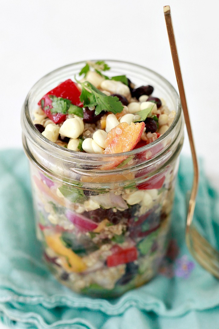 quinoa salad A jar of this Mexican inspired vegan quinoa salad makes a delicious healthy lunch.