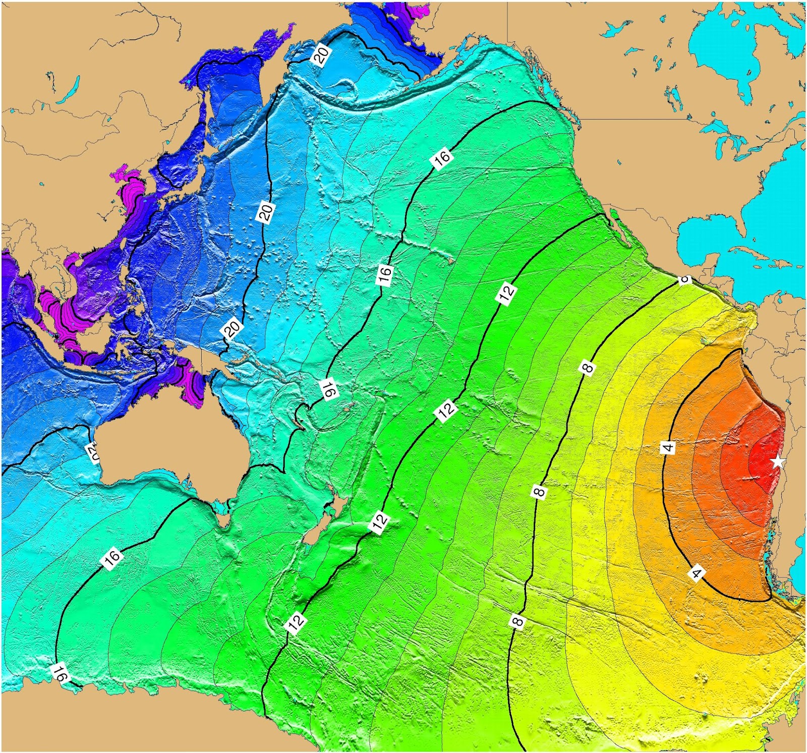 travel time map for a hypothetical magnitude 9 2 earthquake off the coast of central chile at 30os 72ow this scenario was used for the pacific wide travel time map for a hypothetical magnitude 9 2 earthquake off the coast of central chile at 30os 72ow this scenario was used for the pacific wide