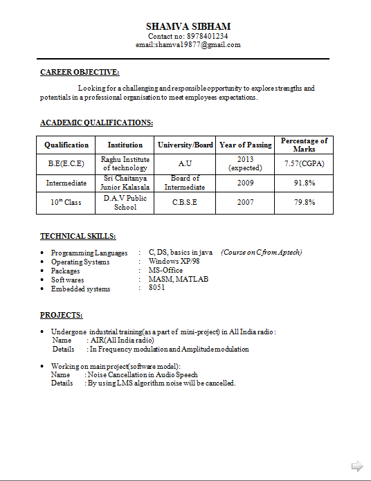 BE ECE Resume for Fresher