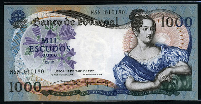 Portugal paper money currency 1000 Escudos Queen Maria II of Portugal