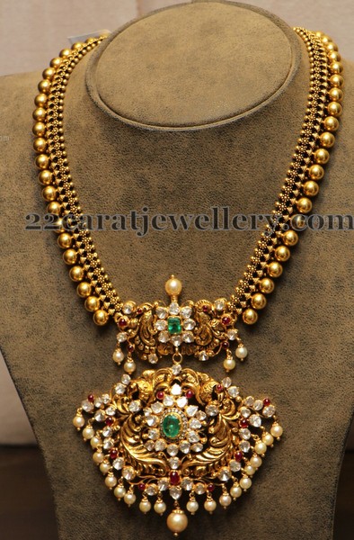 Gold Beads Chain with Nakshi Pendant - Jewellery Designs