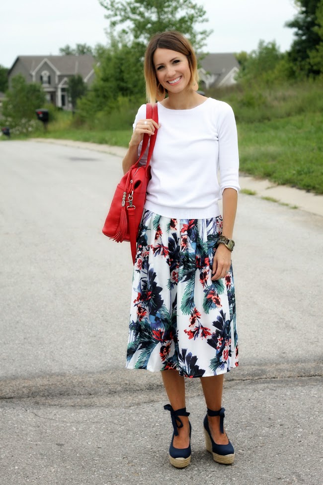 Floral midi skirt, white sweater and lace up wedges