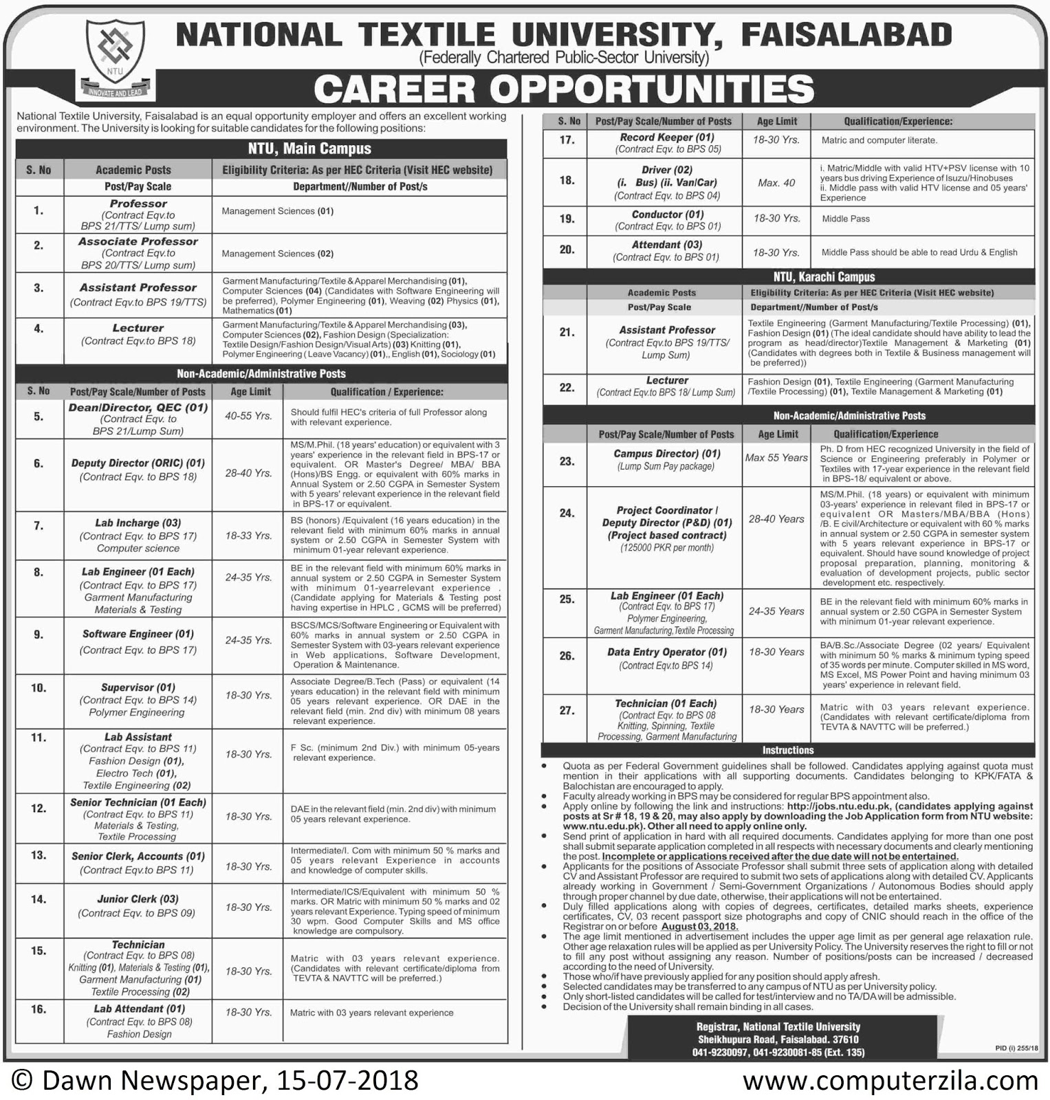 Career Opportunities at National Textile University, Faisalabad