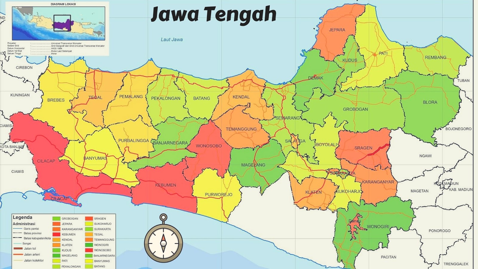 Peta Jawa Tengah dan Nama Kabupaten dan Kota (HD)
