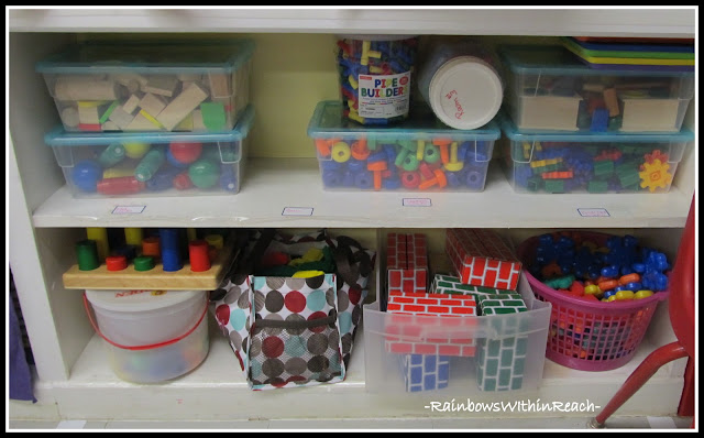 photo of: Preschool Materials Organized on Shelf (Classroom Organization RoundUP via RainbowsWithinReach)