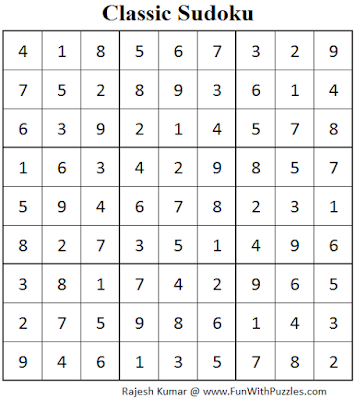 Classic Sudoku (Fun With Sudoku #76) Solution