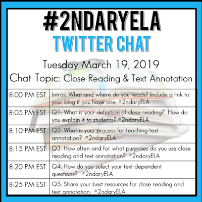Join secondary English Language Arts teachers Tuesday evenings at 8 pm EST on Twitter. This week's chat will be about close reading and text annotation.