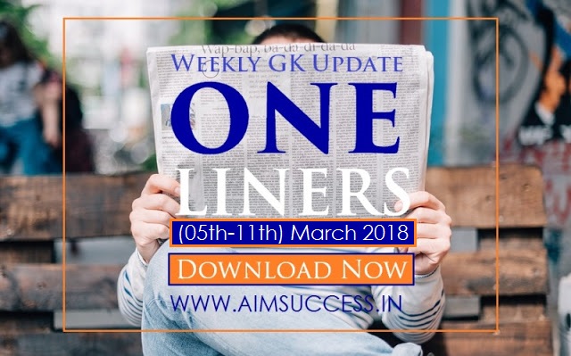 Weekly Current Affairs One Liners (05 March - 11 March) 2018: Download Now