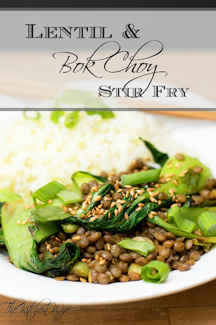 The finished Lentil and Book Choy Stir Fry on a white plate with the title above it.  