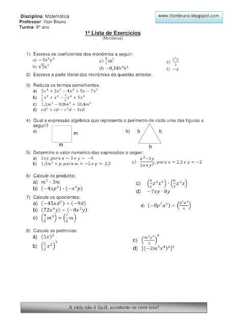 LISTAS DE EXERCÍCIOS MONÔMIOS