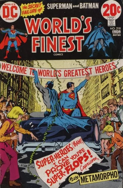 World's Finest #218, Batman and Superman sit atop a car in a ticker tape parade as a note from Capricorn taunts them, Nick Cardy cover, DC Comics