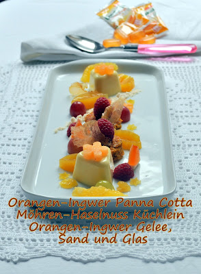 Orangen-Ingwer Panna Cotta mit Möhren-Haselnuss Küchlein, Orangen-Ingwer Gelee, Orangen-Ingwer Sand und Orangen-Ingwer Glas, Doc.Eva