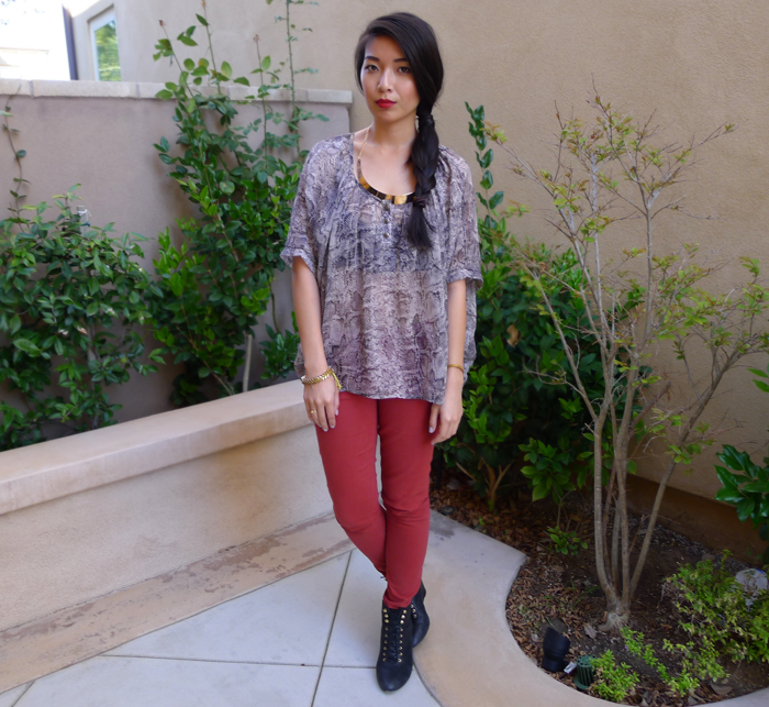 snake print top and red pants