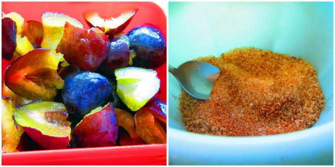 Mirisni kolač sa šljivama 1 korak pripreme Spiced plum pound cake by Laka kuharica: cut each plum half into 3 wedges, combine sugar and spices.