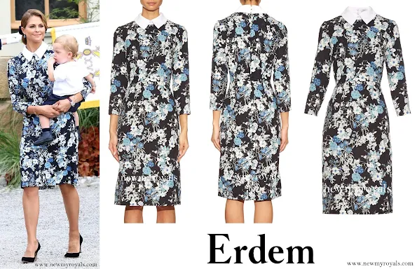 Swedish Princess Madeleine wore a Erdem Truman Floral  Matelassé Dress, style, fashions earrings, shoes, jewelery