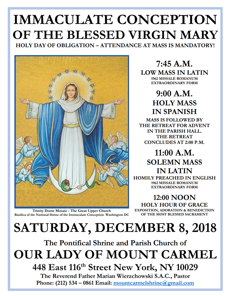 Brooklyn Latin Mass Immaculate Conception Masses at Our Lady of Mount