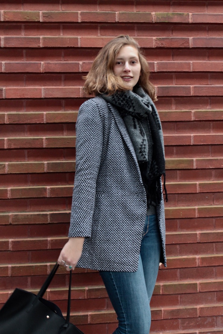 Zaful One Button Graphic Lapel Coat, jeans and large winter scarf #ootd #fashion