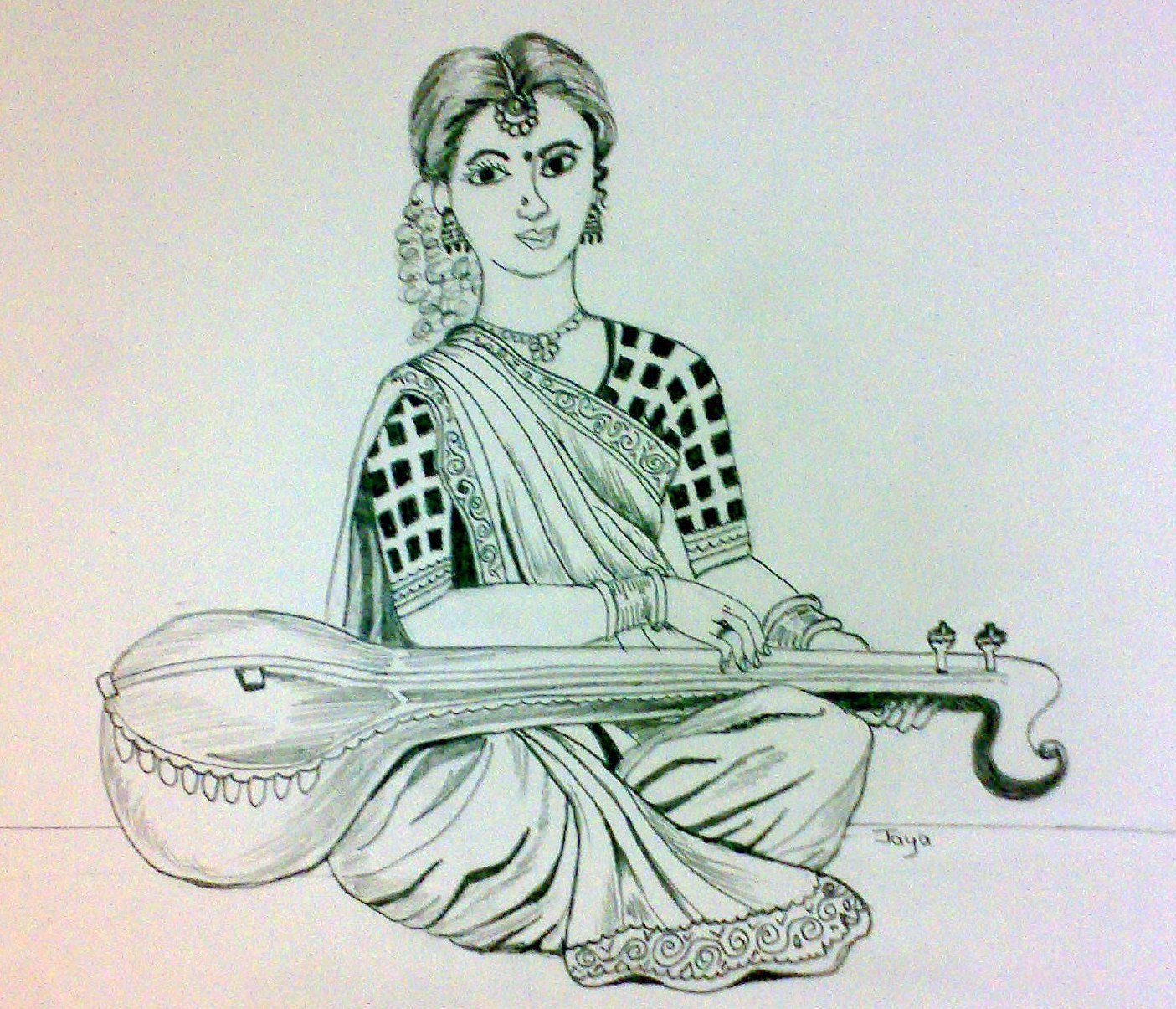 Jaya's Shades Pencil Sketching Lady with Sitar