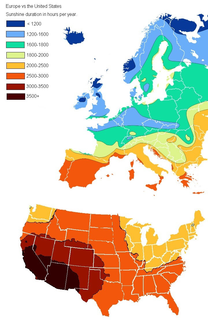 Europe vs. USA: Sunshine duration in hours per year 