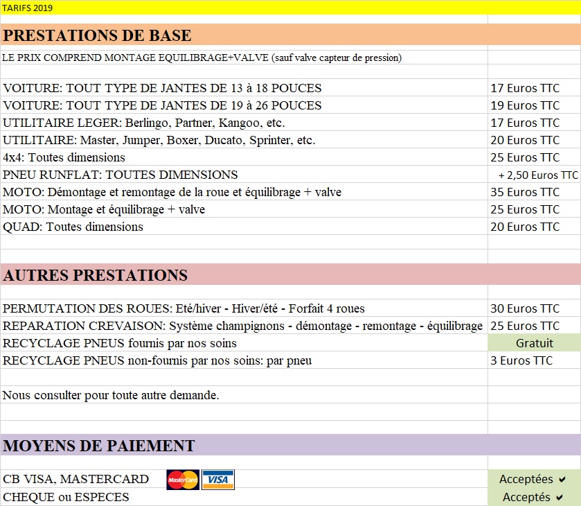Pneus à domicile MoselleEst TARIFS et HORAIRES