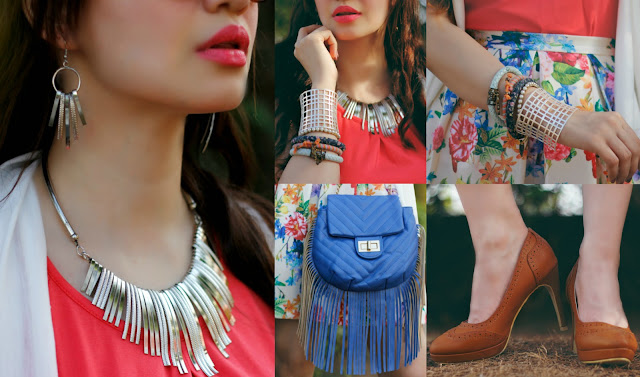 Shoppers Stop Spring Summer Collection 2016 Silver Necklace, Silver earrings, Silver Cuff Bracelet,Bangles, Rocky Star Brown Round-toe Pumps, Blue Fringe Bag,Women's Summer Fashion,Shoppers Stop Spring Summer Collection 2016