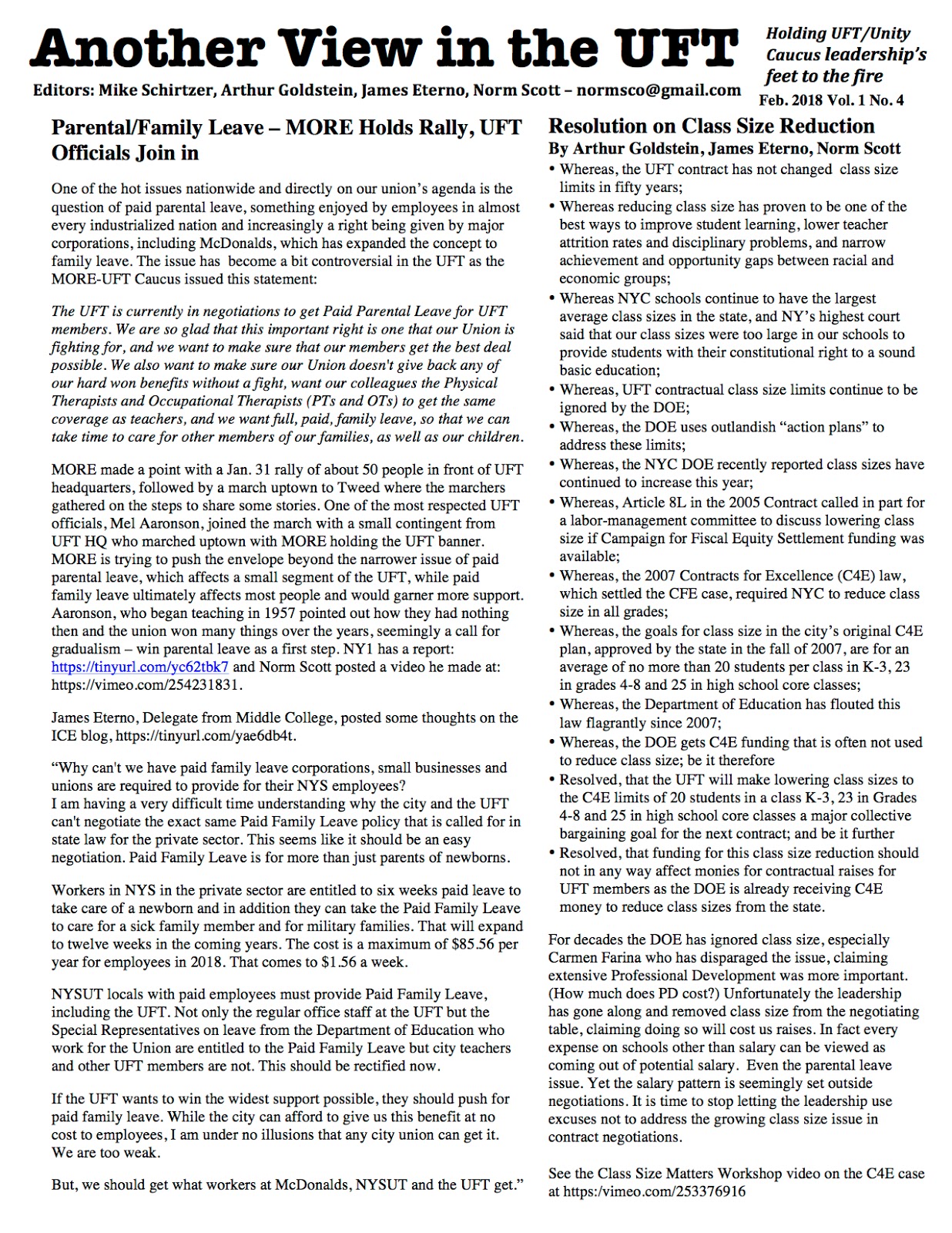 Ed Notes Online Another View in the UFT Feb. 2018 Family Leave