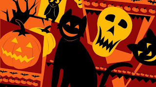 Halloween wallpaper met zwarte kat, pompoen, schedel, uil