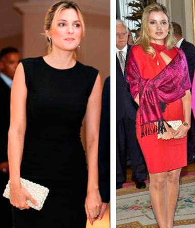 Marcela Temer vestidos tubinho montagem Marcela em dois momentos diferentes com um vestido preto e outra com um vestido vermelho com chale rosa