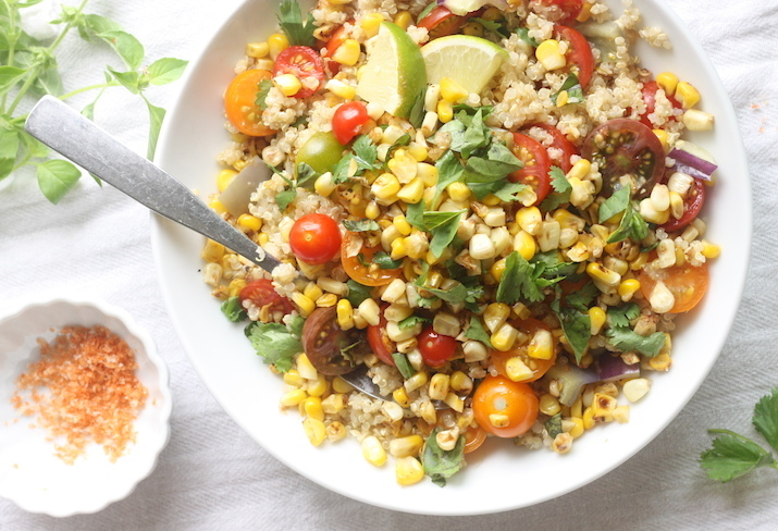 Charred Sweet Corn & Tomato Quinoa Salad with Sriracha-Lime Sea Salt by SeasonWithSpice.com