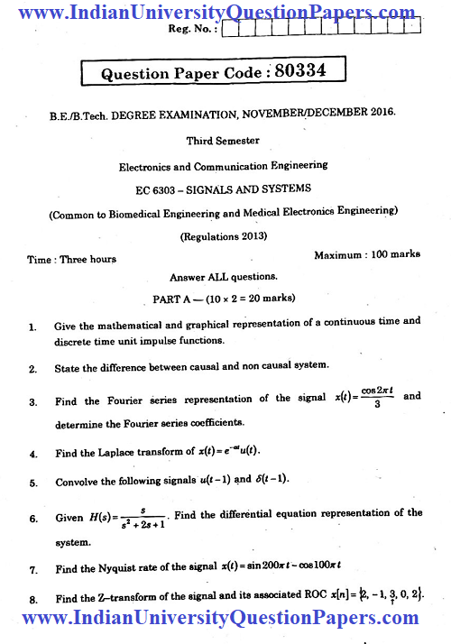 EC6303 Signals and Systems Nov Dec 2016 Question Paper University