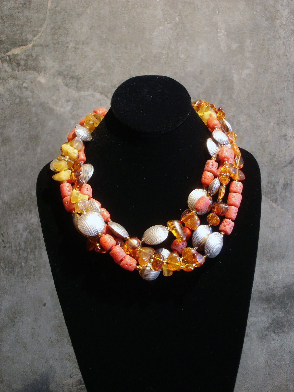 La Calavera Beads Coral, Silver, and Amber Necklace