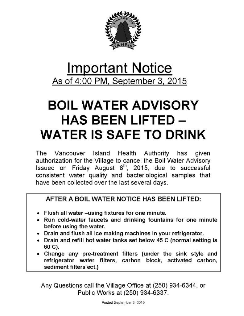 Tahsis Living Boil Water Advisory has been Lifted