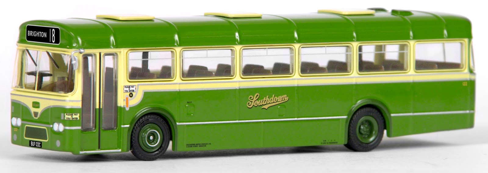 Bachmann 35308 36' Leyland Leopard Southdown 1:76 scale model Exclusive First Editions oo gauge bus EFE 35308 - 36' BET 6 Bay Leyland Leopard - Southdown Our model depicts the preserved 36’ Marshal bodied Leyland Leopard BUF 122C, which first entered service with Southdown in 1965. Decorated in the classic livery, numbered 122 and shown working on route 18 to Brighton. Each model will be issued a numbered certificate in a unique Southdown Ticket design.
