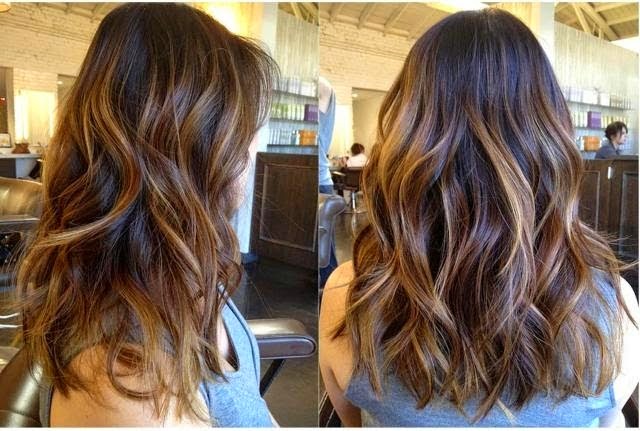 Long Layer hair cut style brunette caramel highlights warm}