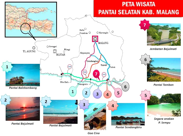 Gambar Peta Wisata Pantai Selatan Malang, Jawa Timur