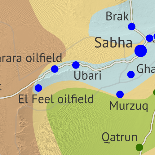 Libya: Who controls what? A concise, professional map of of who controls Libya now (February 2019). Shows detailed territorial control in the Libyan Civil War as of February 24, 2019, including all major parties (Government of National Accord (GNA); Tobruk House of Representatives, General Haftar's Libyan National Army (LNA), and allies; Tuareg and Toubou (Tebu, Tubu) militias in the south; the so-called Islamic State (ISIS/ISIL); and other groups such as the National Salvation Government (NSG) and religious hardline fighters). Includes terrain, major roads, and recent locations of interest including Murzuq, Ghadduwah, the El Sharara and El Feel oil fields, and more. Colorblind accessible.