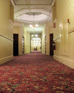 An inside image of Redmont Hotel, Birmingham, AL with red carpet floor