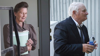 A composite image shows Gail Blackmore leaving court during a lunch break and Brandon Blackmore arriving at court for the sentencing hearing in Cranbrook B.C. on June 30, 2017. 