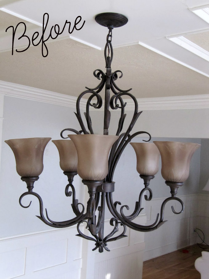 A Rustic Beach House Chandelier Makeover The Wicker So Right Away I Gave The Chandelier A Quick Makeover Replaced All Of Dark Shades With Some Simple Glass Ones Also Added Crystals To It