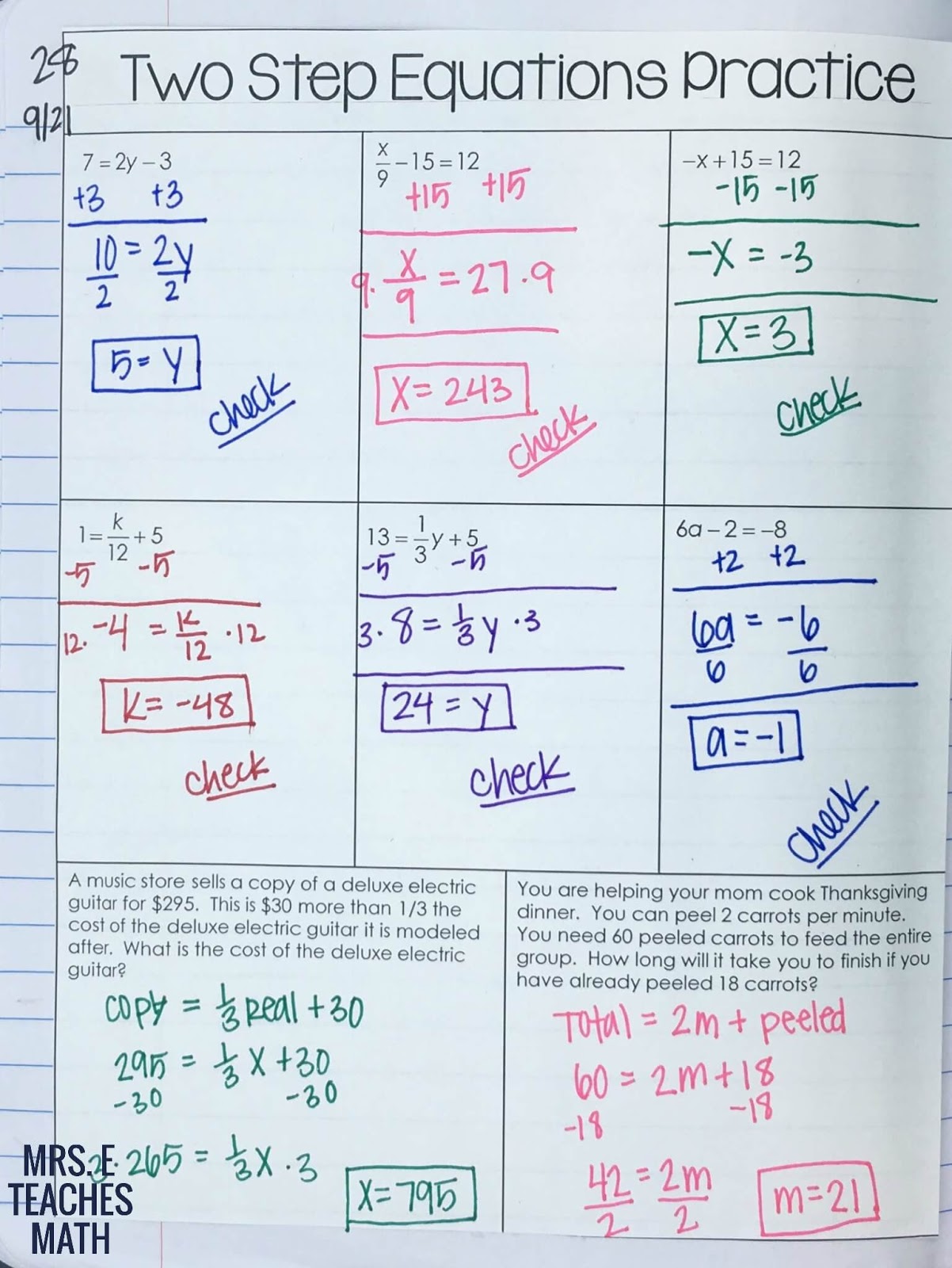 Solving Two Step Equations Multiplication Worksheet