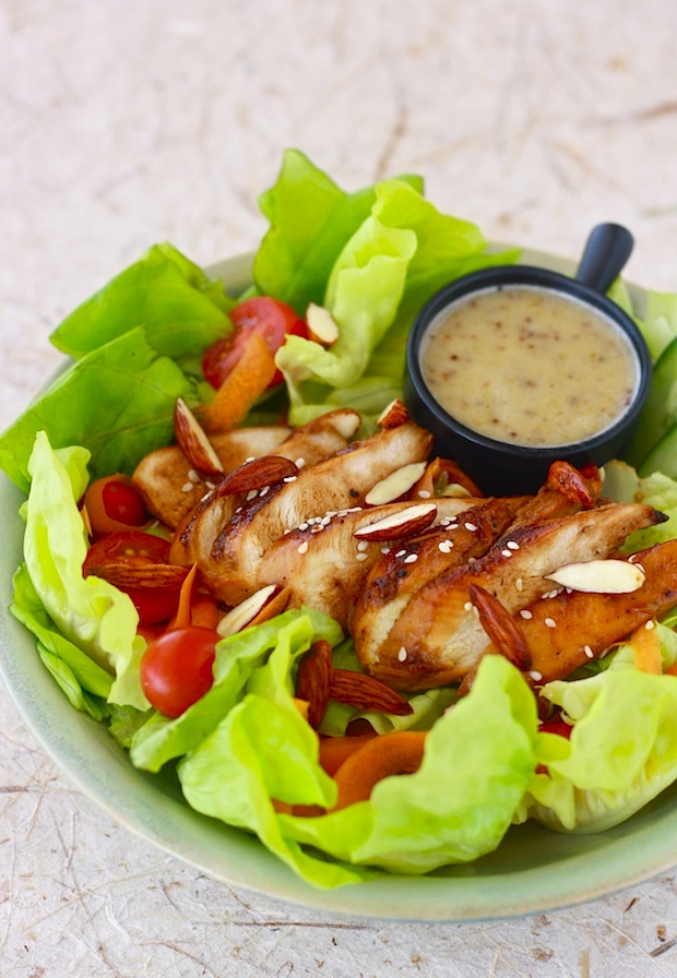 honey chicken salad with honey mustard dressing, almonds, and white sesame seeds
