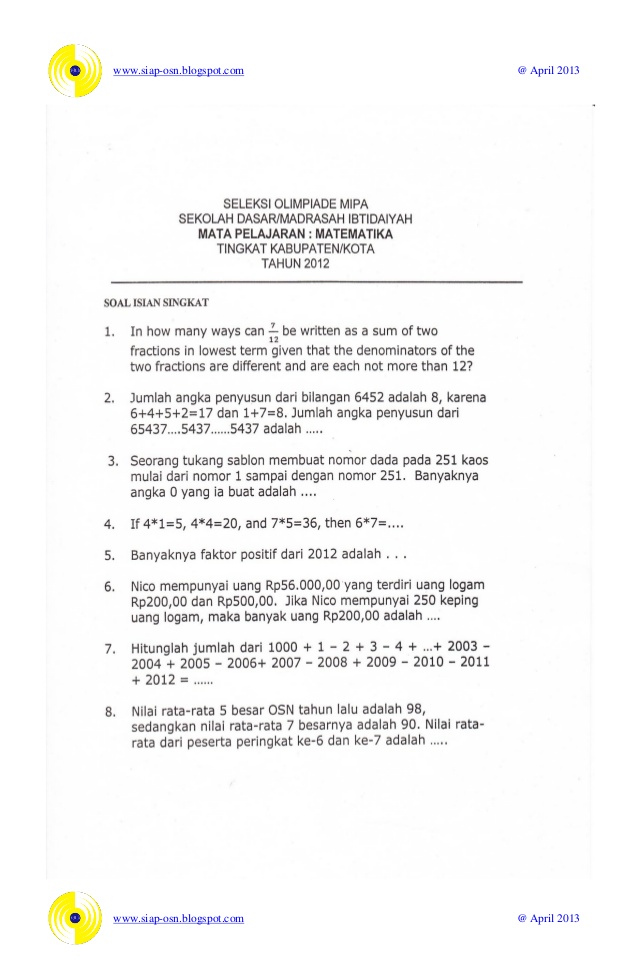 Contoh Latihan Soal Soal Osn Matematika Sd Tingkat Kecamatan Contoh Latihan Soal Soal Osn Matematika Sd Tingkat Kecamatan