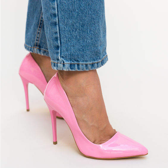 Pantofi roz piele lacuita eleganti de ocazii cu toc inalt