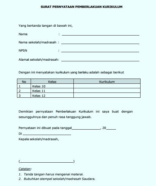 Format Surat Persyaratan Akreditasi Sekolah Menengah Pertama TERLENGKAP CONTOH SURAT PERNYATAAN PEMBERLAKUAN KURIKULUM SEBAGAI PERSYARATAN AKREDITASI SD/MI SMP/MTA DAN SMA/MA/SMK (FORAMAT DOC