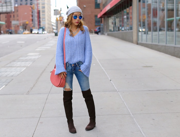 Anthropologie bell sleeve pullover, blank denim ripped jeans, pink crossbody bag, tory burch OTK boots, Asos grey pom pom beanie, baublebar necklace, kendra scott earrings, street style, 2016 color of the year, rose quartz and serenity, new york fashion blog, anthropologie tag sale
