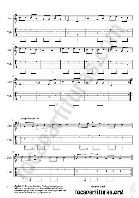 2 Tablatura y Partitura de Guitarra Popurrí Mix 20 Partituras de Antón Pirulero, Voy a Jugar, Debajo de un Botón Infantil Tablature Sheet Music for Guitar Music Score Tabs 